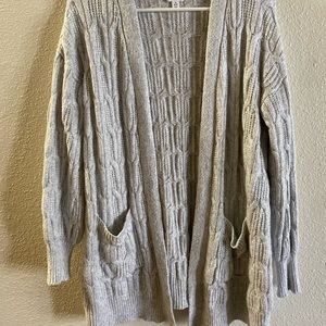 Time & Tru Cable Knit Light Gray Cardigan Worn 1